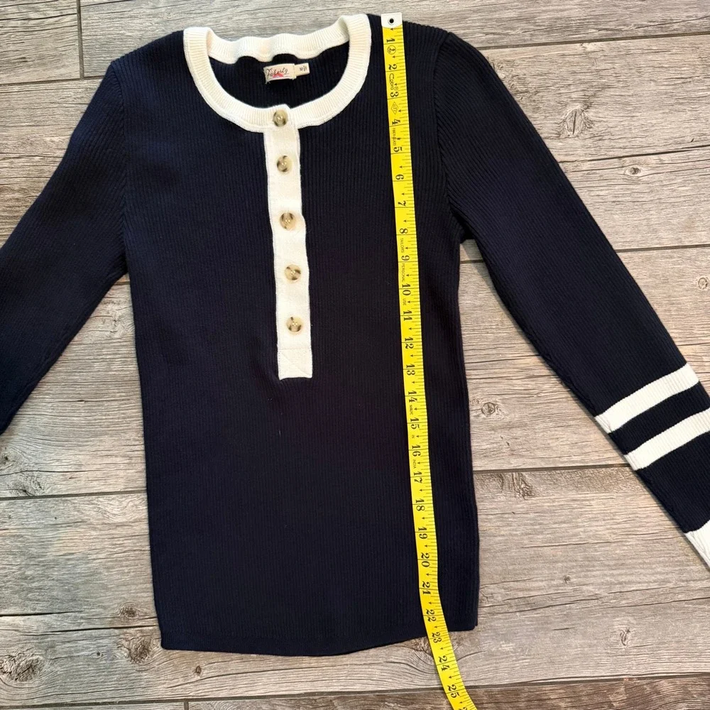 Faherty Navy Blue Organic Cotton Cashmere Ribbed Henley Sweater Stripe WYC0006 - Picture 8 of 9